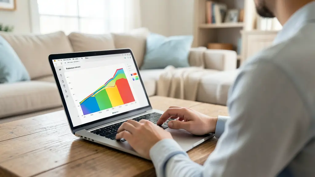 A close-up of a person using a laptop screen showing a colorful energy performance chart, a wooden table in a bright living room background