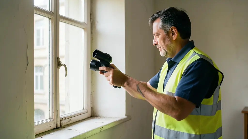 A professional energy auditor in a reflective vest holding a thermal imaging camera, inspecting a window frame in an old house