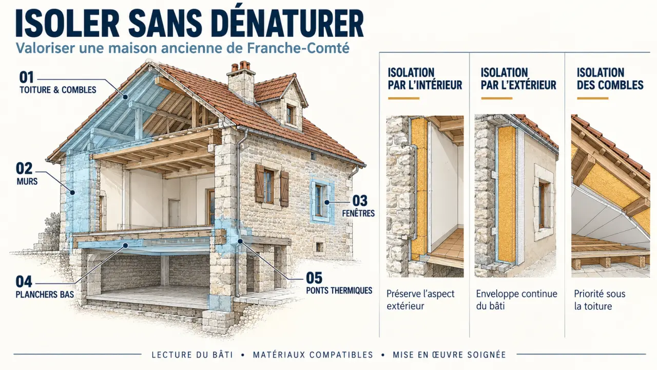 Infographie sur l’optimisation de l’isolation thermique pour valoriser votre patrimoine immobilier franc-comtois