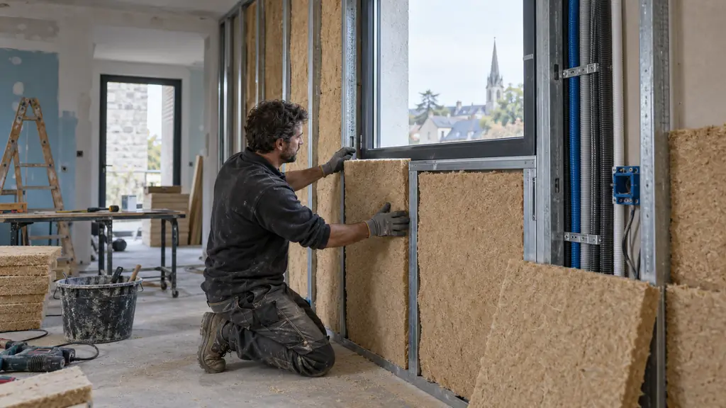 Technician fitting a semi-rigid wood-fiber insulation panel into a metal wall frame beside visible utility conduits, with precise cuts around a window opening