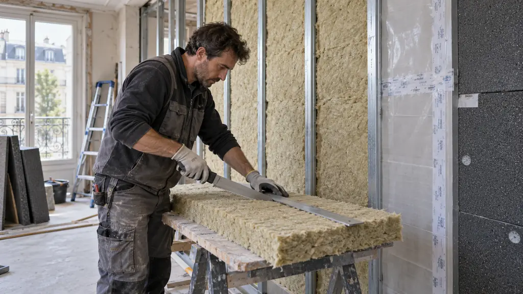 Installer precisely cutting a semi-rigid rock-wool panel between metal wall studs, with a moisture membrane and rigid cellular-glass boards visible nearby