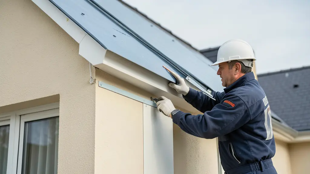 Professional insulation worker installing thermal panels on an exterior wall of a house in L'Arbresle, focusing on the junction between the wall and the roof