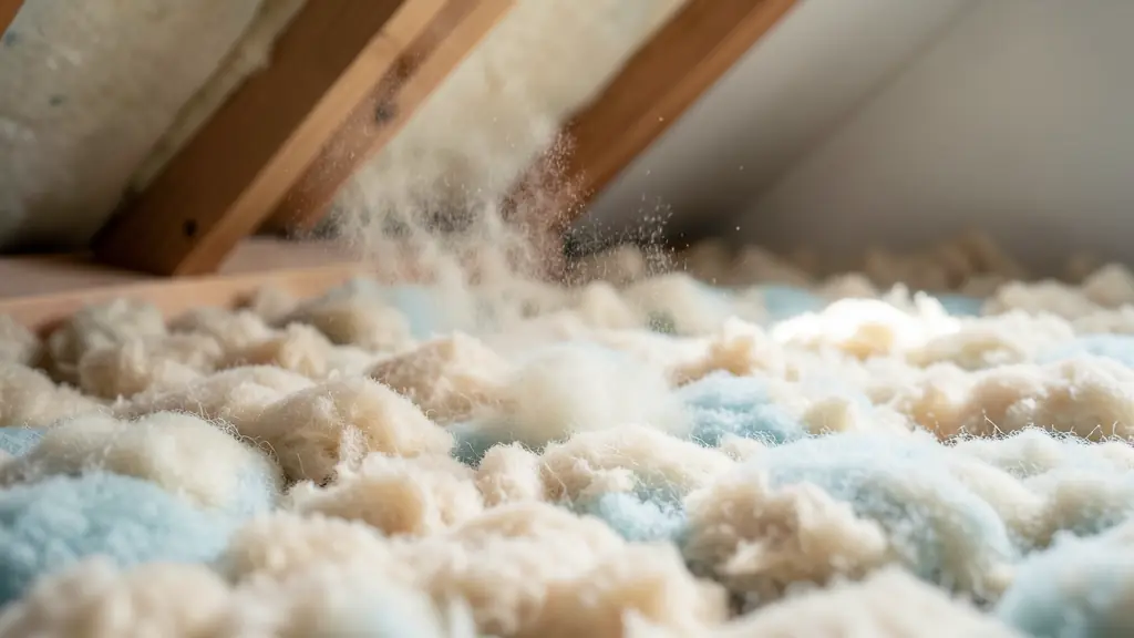 Close-up of cellulose wadding being blown into an attic space, showing the fluffy texture of the biosourced insulation covering the floor