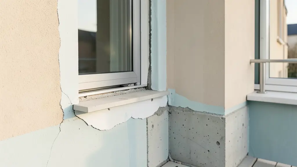 Close-up construction photograph of exterior insulation wrapping a window reveal, treated concrete balcony junction, and sealed facade penetration, no text, no logo