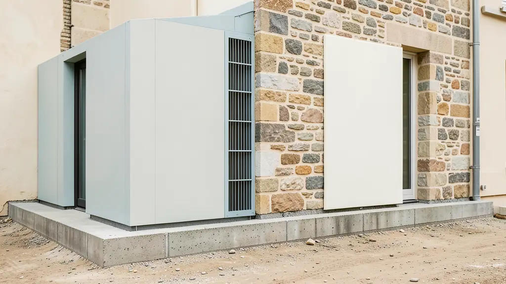 Renovation site showing rendered insulation panels beside a ventilated cladding assembly, irregular masonry wall, and reinforced ground-level facade, no text, no logo