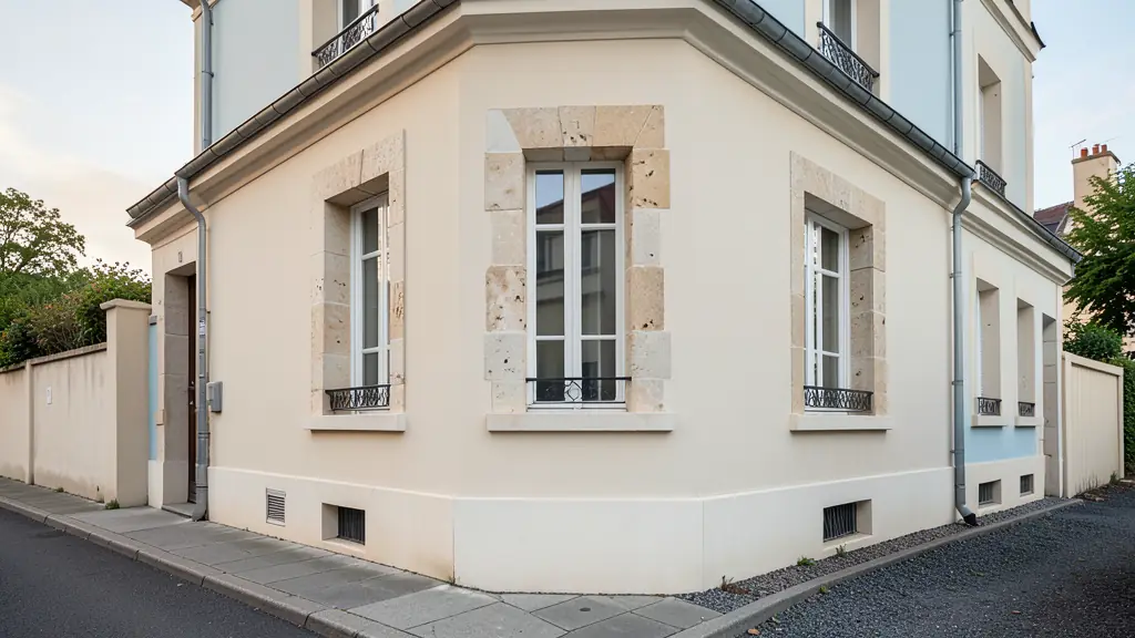 French building facade under exterior insulation renovation, preserved stone window surrounds, narrow property boundary