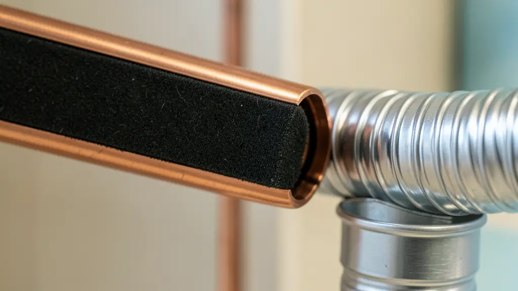 Close-up of a copper refrigeration line with black foam insulation next to a flexible silver aluminium air vent hose, industrial setting, editorial style