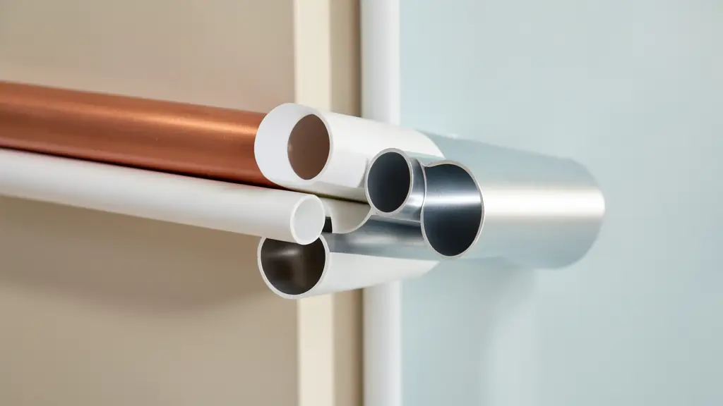 Cross-section of various climate control pipes showing copper, white PVC and silver aluminium materials, technical studio lighting, editorial style