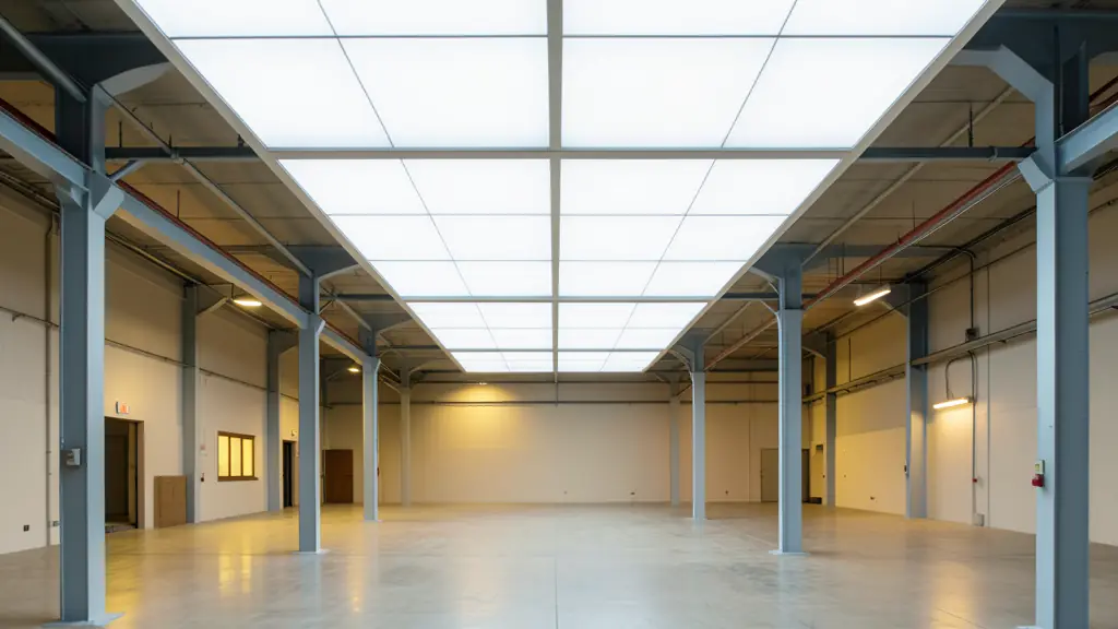 Wide shot of a modern industrial warehouse with bright, uniform LED ceiling panels, contrasting with old dim yellow lighting in the background, professional setting