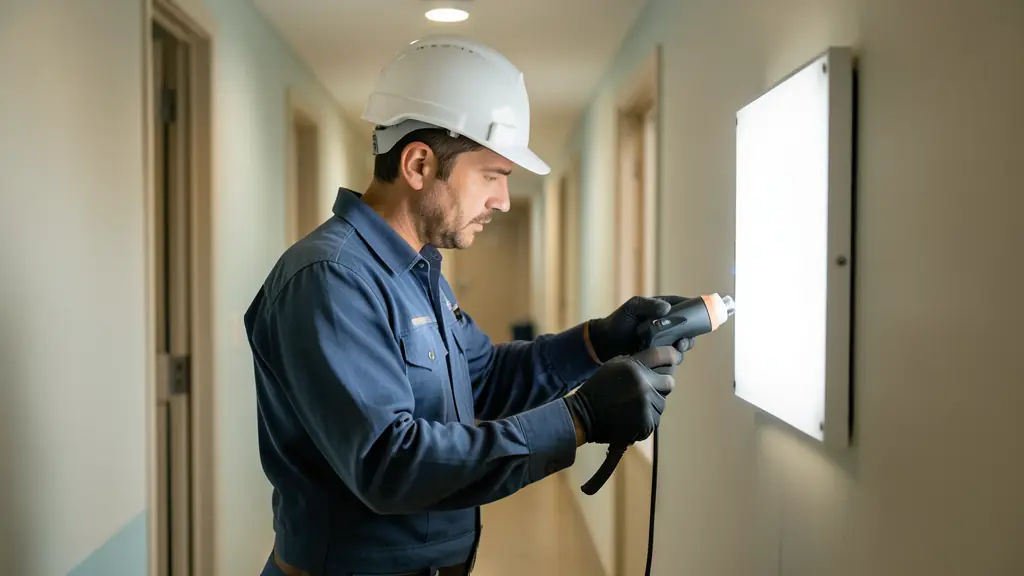 Technical worker using a lux meter to measure light intensity in a refurbished corridor, wearing professional safety gear, focusing on a LED panel