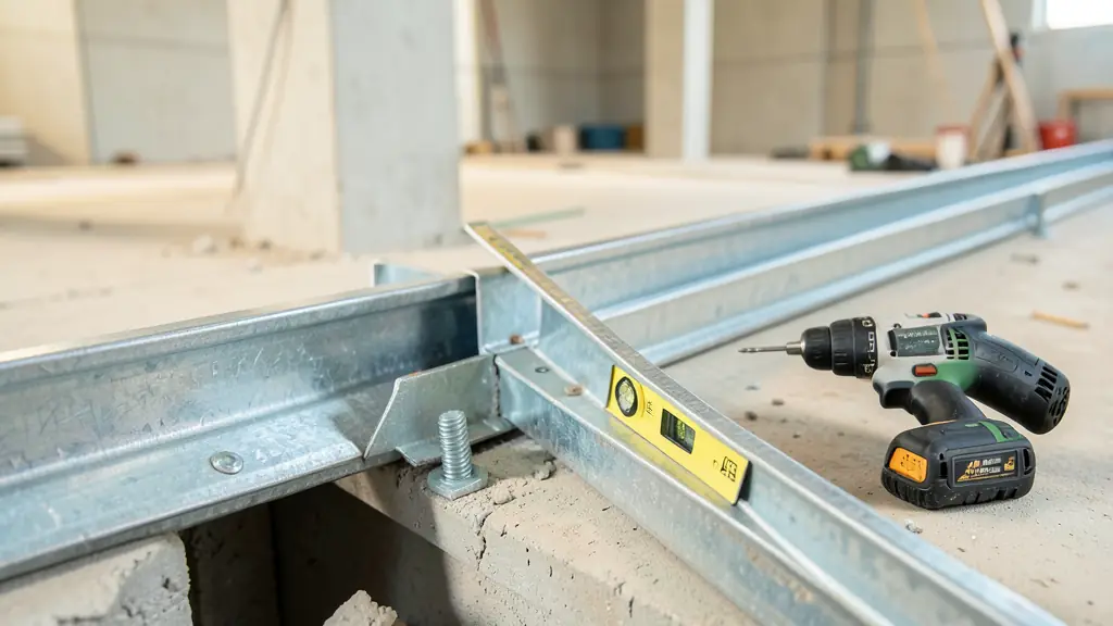 Editorial shot of galvanized steel rails and studs being assembled for a technical shaft, focus on a spirit level and a cordless drill, industrial construction site background