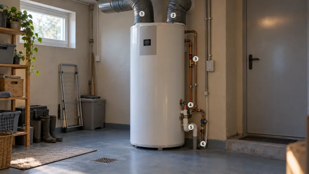 Technical utility room showing a thermodynamic water heater, numbered-style visible components without labels, cold-water safety group with siphon, and two insulated air ducts connected above the tank, no text, no logo