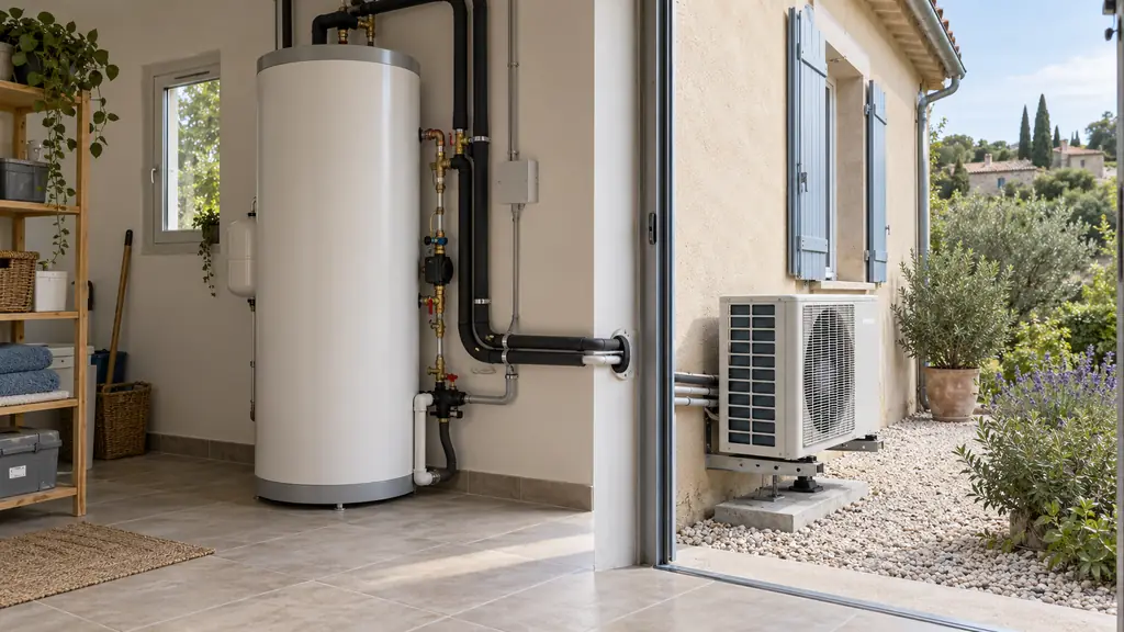 Split thermodynamic water heater installation with an indoor storage tank, an outdoor heat pump unit, and insulated refrigerant lines passing through the wall, no text, no logo