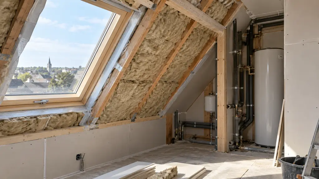 Editorial photograph of a renovation site showing mineral wool fitted between attic rafters beside a double-glazed roof window, with insulated hot-water pipes visible in the technical area, no text, no logo