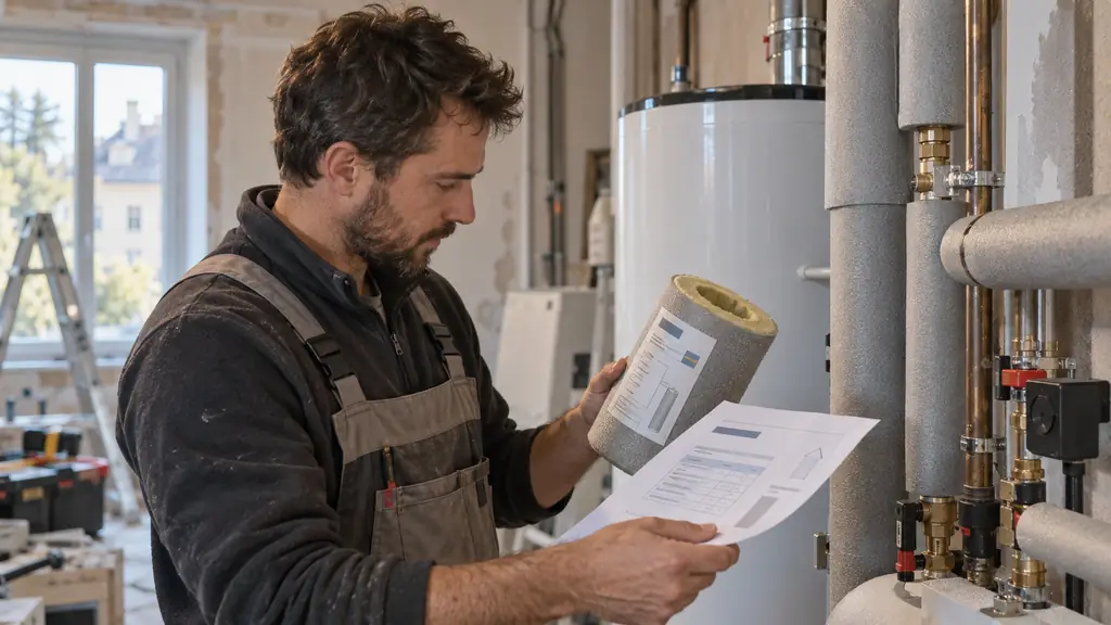 Editorial photograph of a contractor checking an insulation product label and thermal resistance value on a detailed quotation beside insulated hot-water pipes, no text, no logo